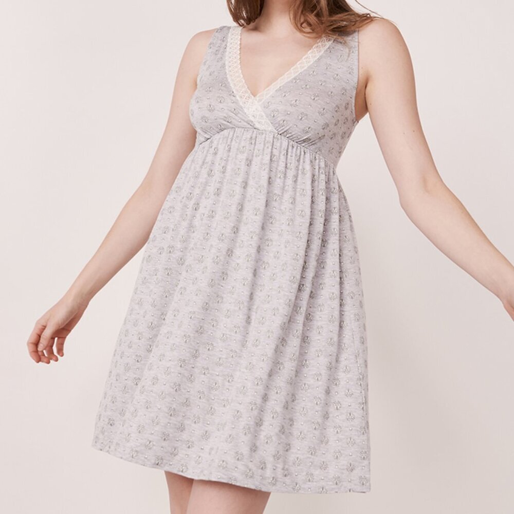 La Vie En Rose Women's Sleep Dress Size L Rayon Gray White Lace Trim Loungewear